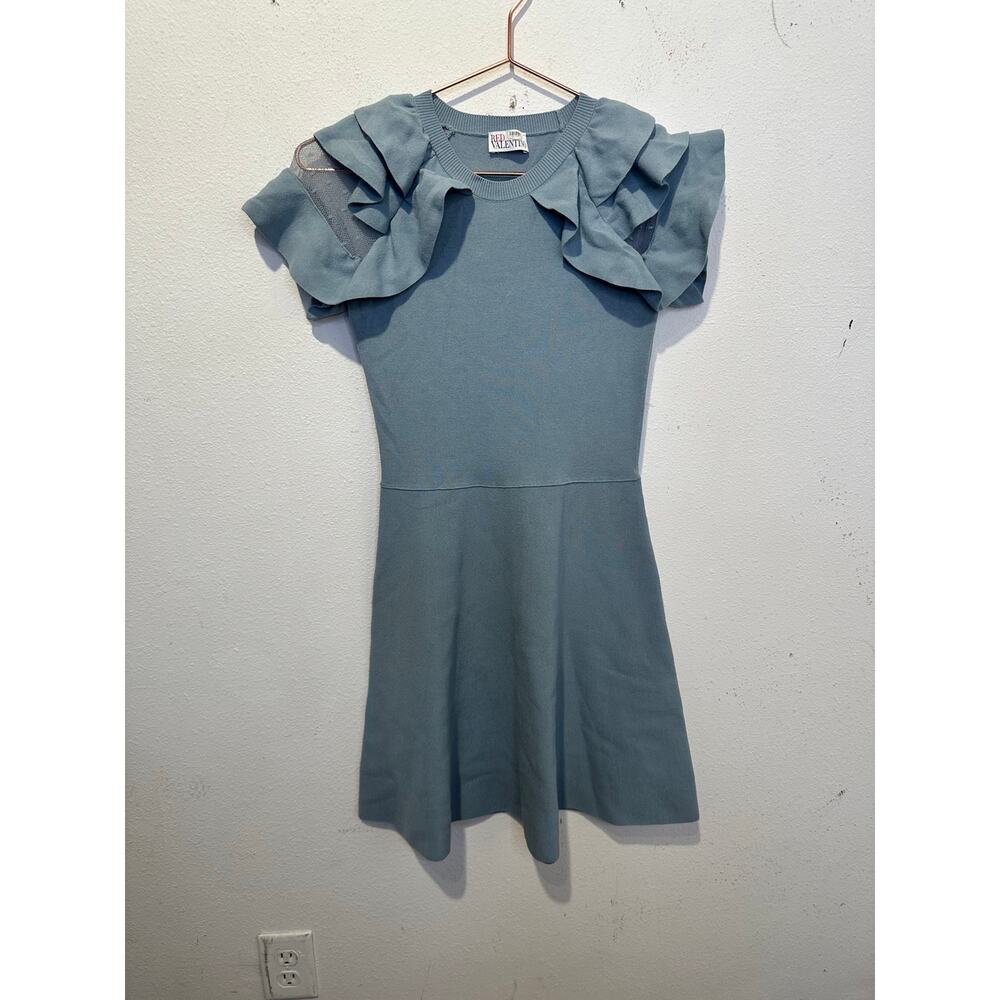 RED VALENTINO Blue Point D'esprit-trimmed Ruffle Stretch Knit Mini Dress size S - Picture 3 of 12